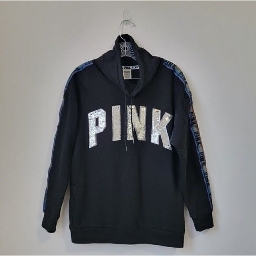 PINK Victoria's Secret Bling Logo Cowl Neck Rainbow Sleeve Sweatshirt Black XS - Picture 3 of 10